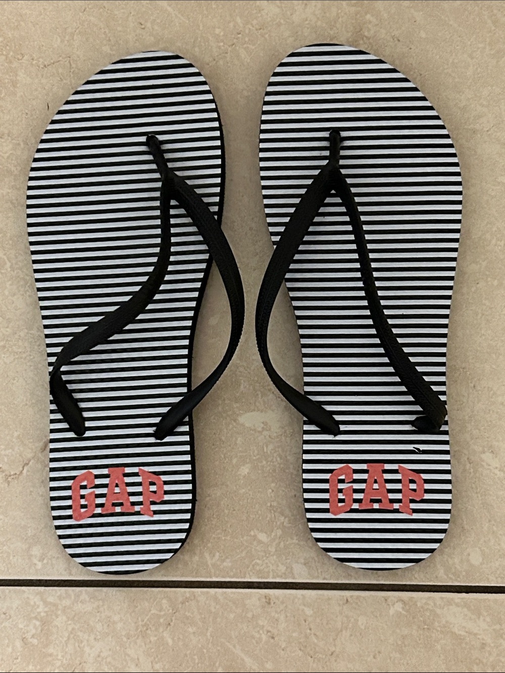 GAP Black & White Striped Flip Flops with Coral Logo